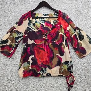 Diane‎ von Furstenberg Top Womens 4 Colorful Slik 3/4 Sleeve Flare Art to Wear